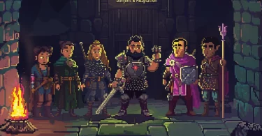 illustration type jeu vidéo un groupe d'aventurier rentre dans un donjon