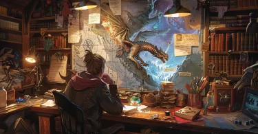 Une conceptrice de jeu travaillant sur un nouveau concept pour créer un jeu de rôle sur table dans son atelier création rempli de livres, entouré d'esquisses fantastiques et de cartes.