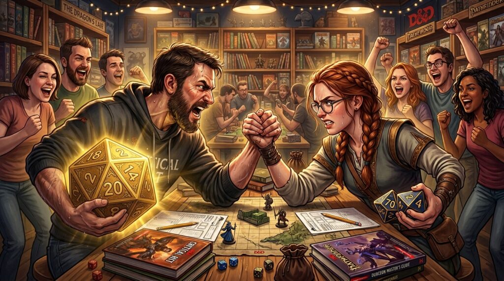 Illustration de deux rôlistes en bras de fer avec un d20 géant et deux d10 de pourcentage, amis encourageant autour
