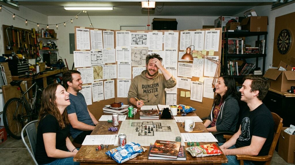 Illustration d'un meneur de jeu souriant derrière un écran couvert de tables Rolemaster, joueurs amusés autour de la table