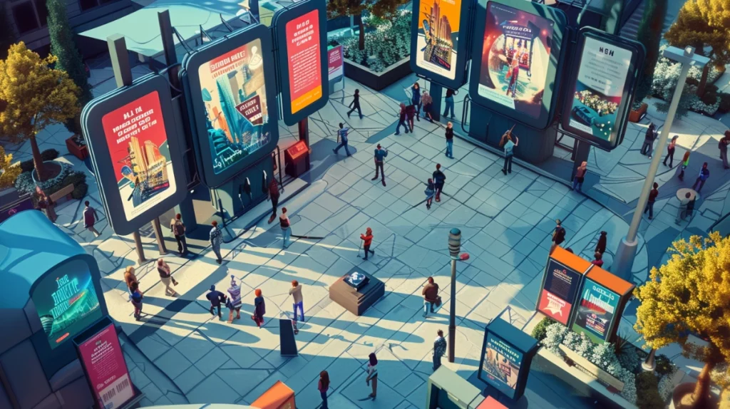 une vue de la ville vue de dessus avec des panneaux publicitaires