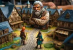 Un PNJ géant dans un village modélisé de jeu de rôle sur table