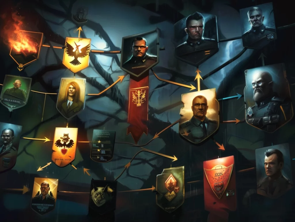 illustration de nombreuses factions dans un jdr et leurs liens