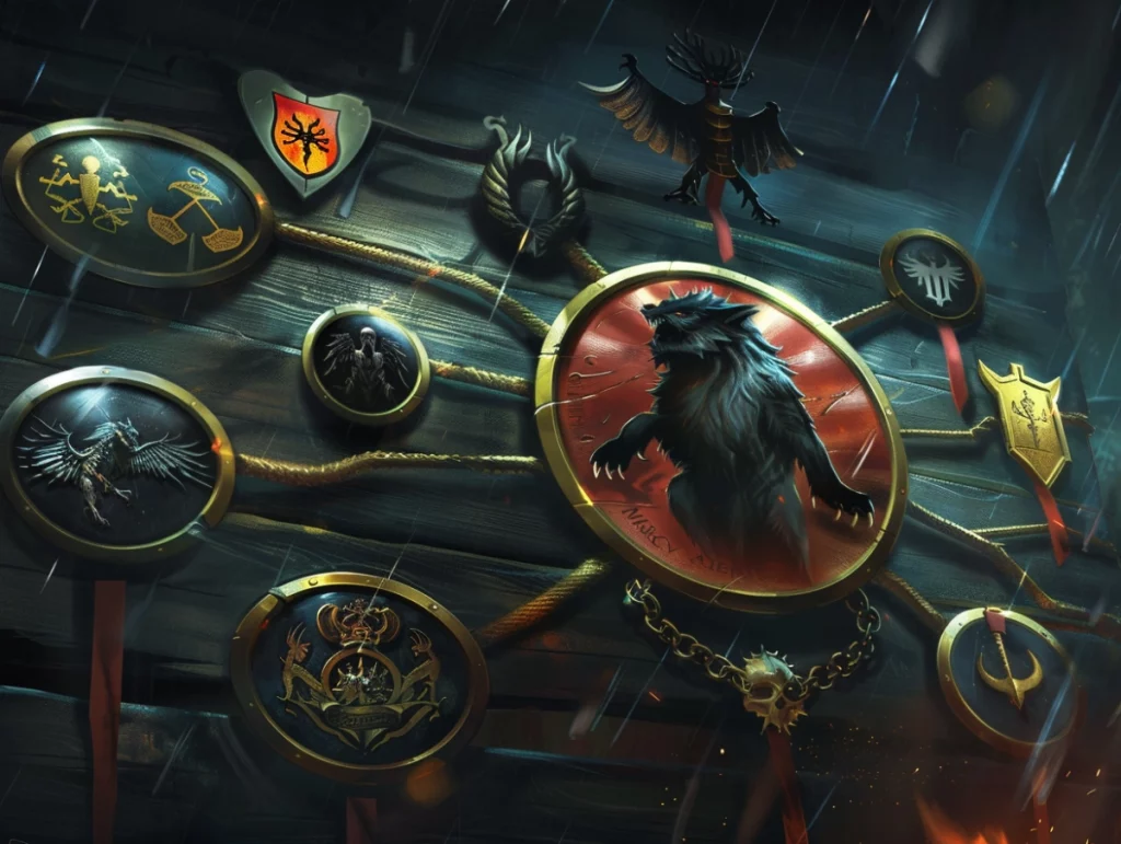 illustration d'un mur de blasons classé par hierarchie et alliance