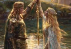 Lancelot et la dame du lac tiennent une épée à deux dans le jdr Pendragon V6