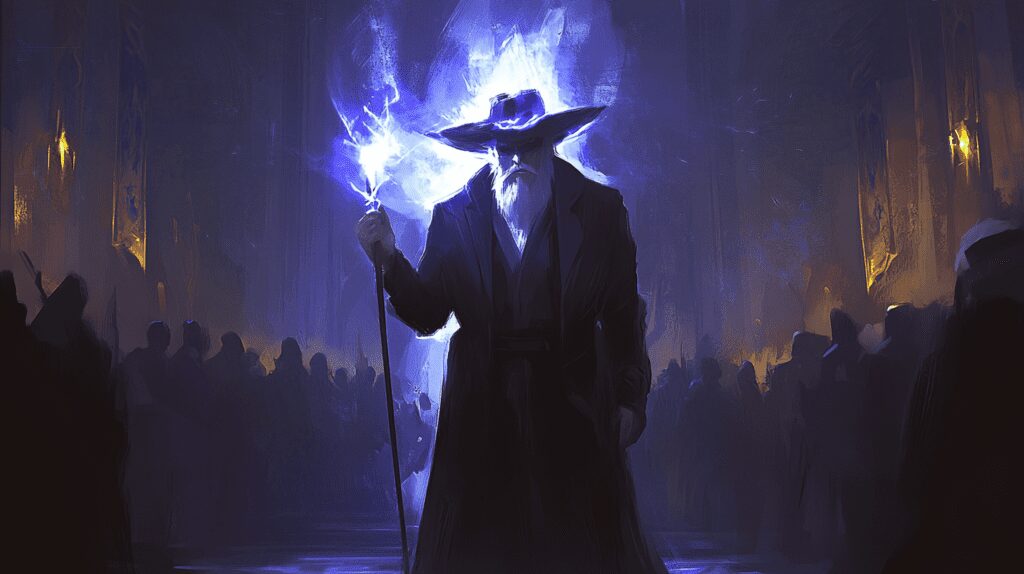 un vieu mage avec un baton magique et un chapeau