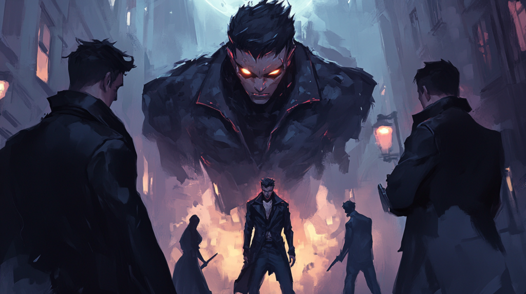 Mon expérience avec les PBTA : retour sur les jeux de rôle propulsés par l'Apocalypse 1 a group of investigators facing a mysterious creature in a dark, ominous setting. The scene is set in an abandoned, fog-filled alley, with broken street lamps casting faint flickers of light. The creature, barely visible through the shadows, has an eerie, monstrous form with glowing eyes, towering over the investigators. The group, dressed in trench coats and holding flashlights and weapons, stands their ground with a mix of fear and determination.
