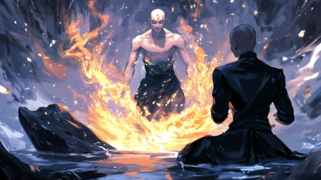 Mon expérience avec les PBTA : retour sur les jeux de rôle propulsés par l'Apocalypse 2 powerful characters mastering the elements in the heart of a breathtaking fantasy landscape, inspired by Japanese manga style like "Avatar: The Last Airbender." A firebender unleashes a torrent of flames, while an airbender summons a swirling gust of wind. Nearby, an earthbender lifts massive rocks, and a waterbender controls a stream that flows gracefully through the scene