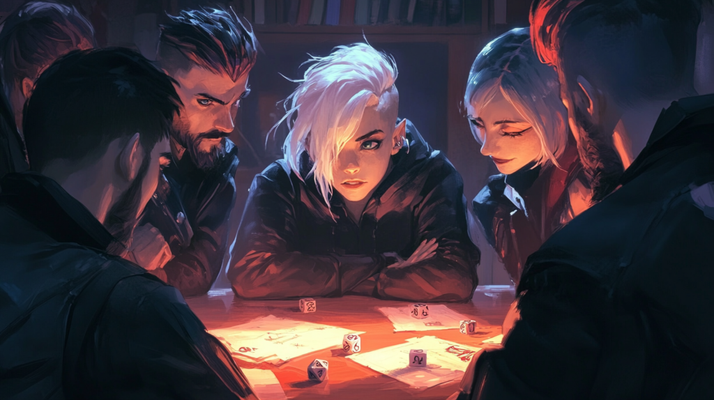 Mon expérience avec les PBTA : retour sur les jeux de rôle propulsés par l'Apocalypse 4 a group of passionate tabletop role-playing game players engaged in a heated discussion about the direction of the story. They're seated around a cluttered wooden table, surrounded by character sheets, dice, and game manuals. One player leans forward, gesturing animatedly, while others listen intently or argue their own perspectives. The room is lit by warm overhead lights, casting a glow on their faces, heightening the intensity of the conversation. In the background, shelves of fantasy books and maps hang on the walls, adding to the immersive atmosphere.