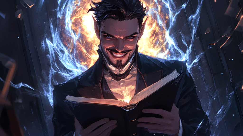 Mon expérience avec les PBTA : retour sur les jeux de rôle propulsés par l'Apocalypse 5 smiling player holding a classic role-playing game manual, ready for a new adventure. He stands confidently with the book in hand, while behind him, a glowing magical portal begins to open, swirling with ethereal energy. The portal's colors shift between blues, purples, and golds, casting an enchanting light on the player's face and surroundings.