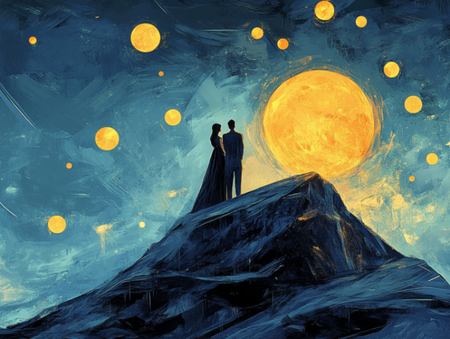 Romantasy : Quand la romance enflamme la fantasy 1 Un couple héroïque au sommet d’une montagne, contemplant un royaume magique baignant dans la lumière dorée du crépuscule. Des étincelles de magie flottent autour d’eux, symbolisant l’équilibre entre l’amour et la puissance magique.