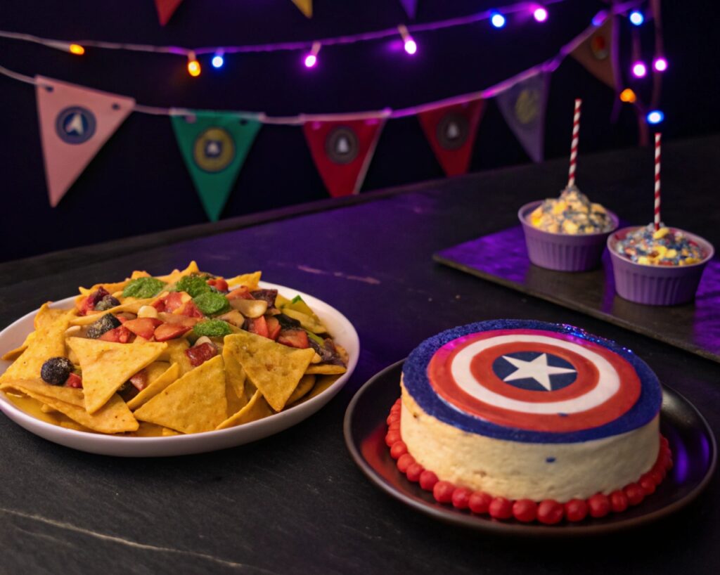 Un plateau de nachos avec des sauces colorées représentant les pierres de l'Infini, éclairées par une lumière violette. A coté Un cheesecake décoré en forme du bouclier de Captain America, entouré de petits drapeaux Avengers.