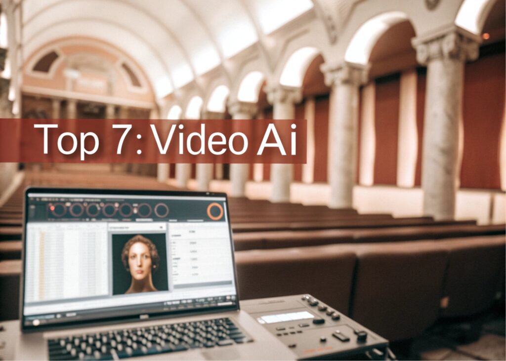 Illustration d'un studio de montage vidéo virtuel futuriste avec un écran d'ordinateur affichant des options de personnalisation d'avatars IA et des outils de montage avancés, le tout dans une interface utilisateur élégante et moderne