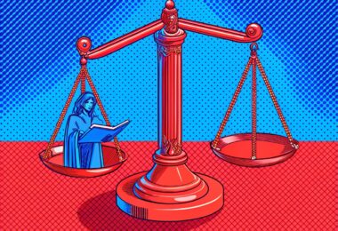 une balance de la justice, d’un côté des données, de l’autre une représentation symbolique de l’éthique et des droits humains, mettant en évidence l’idée d’équilibre nécessaire entre performance technologique et principes moraux.