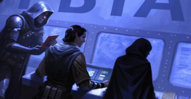 une scène de jeu de role avec des personnages de pleins d'univers avec une affiche "pbta"