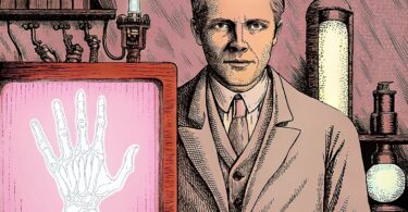 wilhelm r ntgen in a dimly lit lab with a glowing