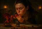 illustration une joueuse de dnd soufle sur son dé