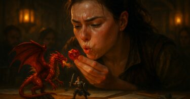 illustration une joueuse de dnd soufle sur son dé