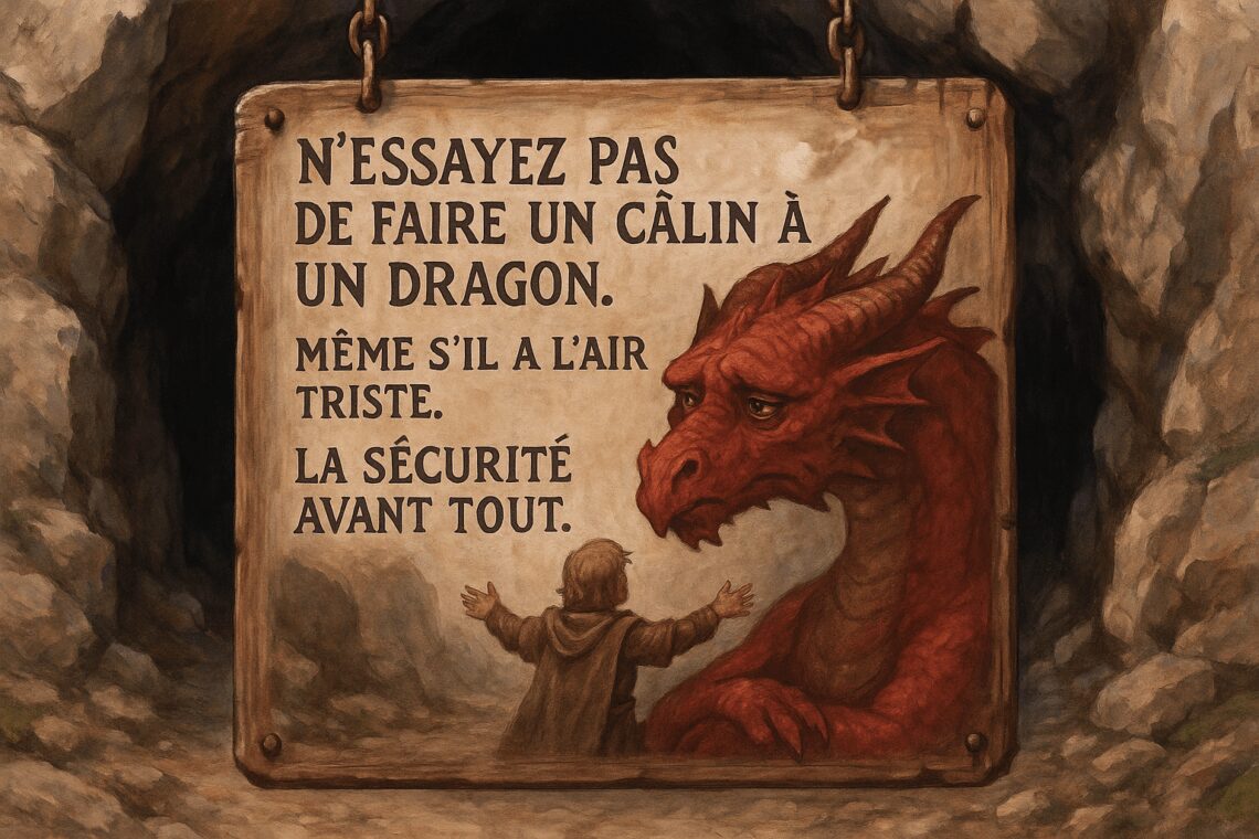illustration style réaliste theme dnd, Une pencarte à l'entrée de l'antre du dragon rouge "N'essayez pas vraiment de faire un câlin à un dragon"