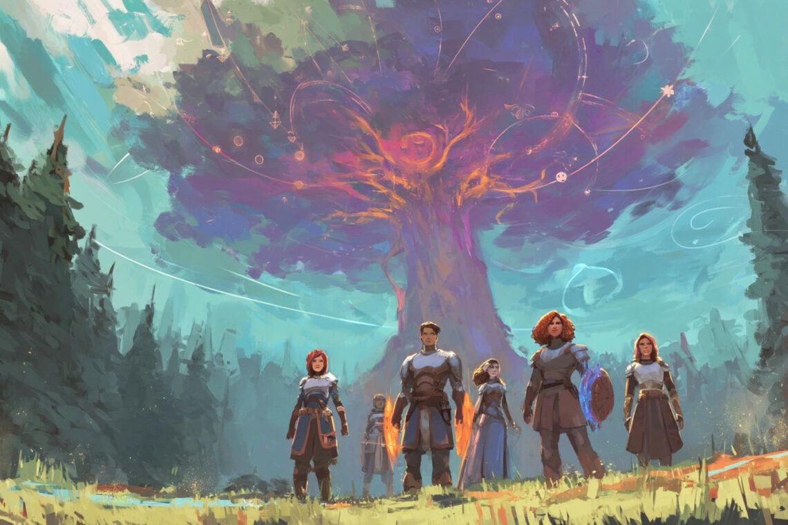 Daggerheart : Le Nouveau JDR de Critical Role qui secoue la scène Roliste – Analyse Complète 1 une bande d'aventuriers divers se tenant fièrement dans une clairière de forêt mystique, chaque héros étant éclairé par une lumière magique.