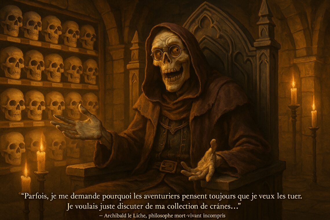 Portrait humoristique d'une liche dnd, une liche morte-vivante philosophique assise nonchalamment dans sa salle de trône, entourée de collections de crânes méticuleusement arrangées. Il fait un geste d'excuse, visiblement frustré. Archibald la liche, l'air érudit et légèrement exaspéré. Où : Salle du trône d'un donjon de style gothique, ambiance éclairée à la bougie. Quand : Cadre médiéval fantastique. L'éclairage chaleureux et humoristique contraste avec le décor sinistre. La collection de crânes est organisée comme des livres de bibliothèque, méticuleusement étiquetés.