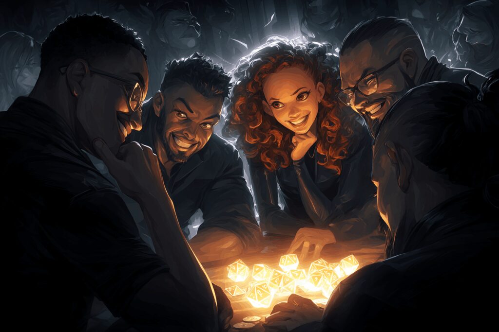 Une team marketing de joueurs rolistes - jeu de rôle débutants s'amusant lors d'une partie en 2025.