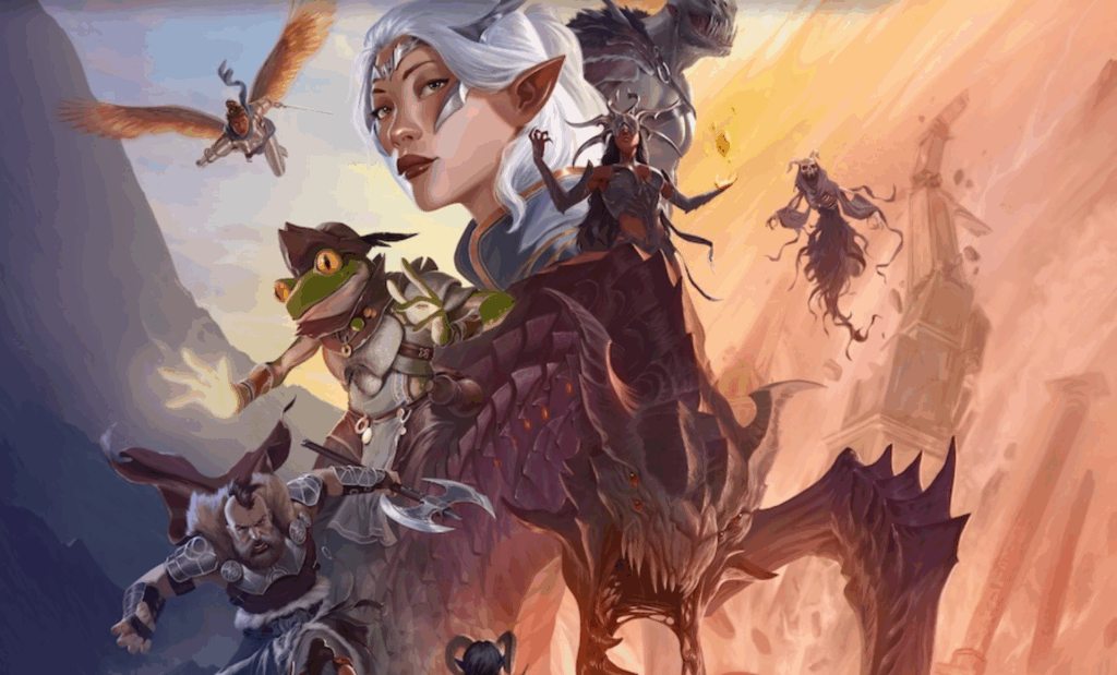 D&D character art of an elven woman with white hair and light gray eyes, she is standing on the back of her dragon companion who has black scales. They both have wings that glint in the sunlight. There are several other fantasy characters surrounding them, including a knight, a goblin, and an owl. The background shows mountains at sunset, with vibrant colors in a fantasy style.