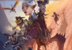 D&D character art of an elven woman with white hair and light gray eyes, she is standing on the back of her dragon companion who has black scales. They both have wings that glint in the sunlight. There are several other fantasy characters surrounding them, including a knight, a goblin, and an owl. The background shows mountains at sunset, with vibrant colors in a fantasy style.
