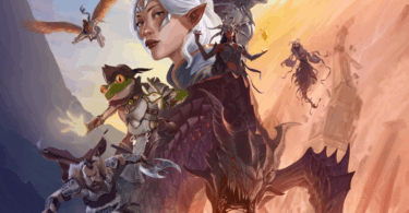 D&D character art of an elven woman with white hair and light gray eyes, she is standing on the back of her dragon companion who has black scales. They both have wings that glint in the sunlight. There are several other fantasy characters surrounding them, including a knight, a goblin, and an owl. The background shows mountains at sunset, with vibrant colors in a fantasy style.