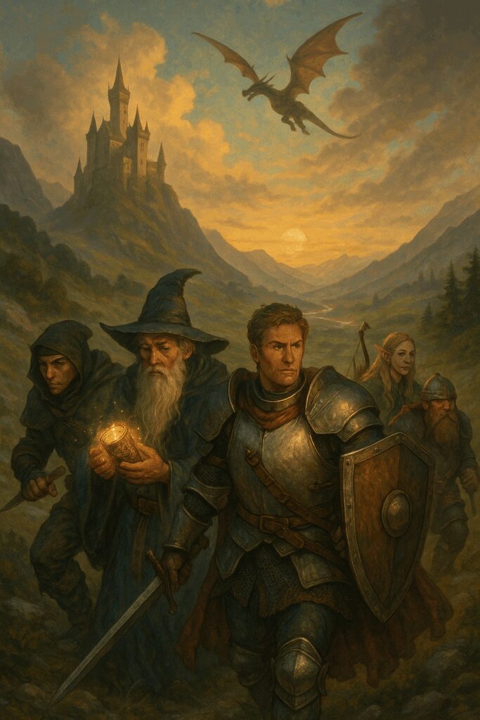 digital illustration of a medieval-fantastic scene: a valiant knight leads the way, a wise wizard intently examines a glowing ancient artifact