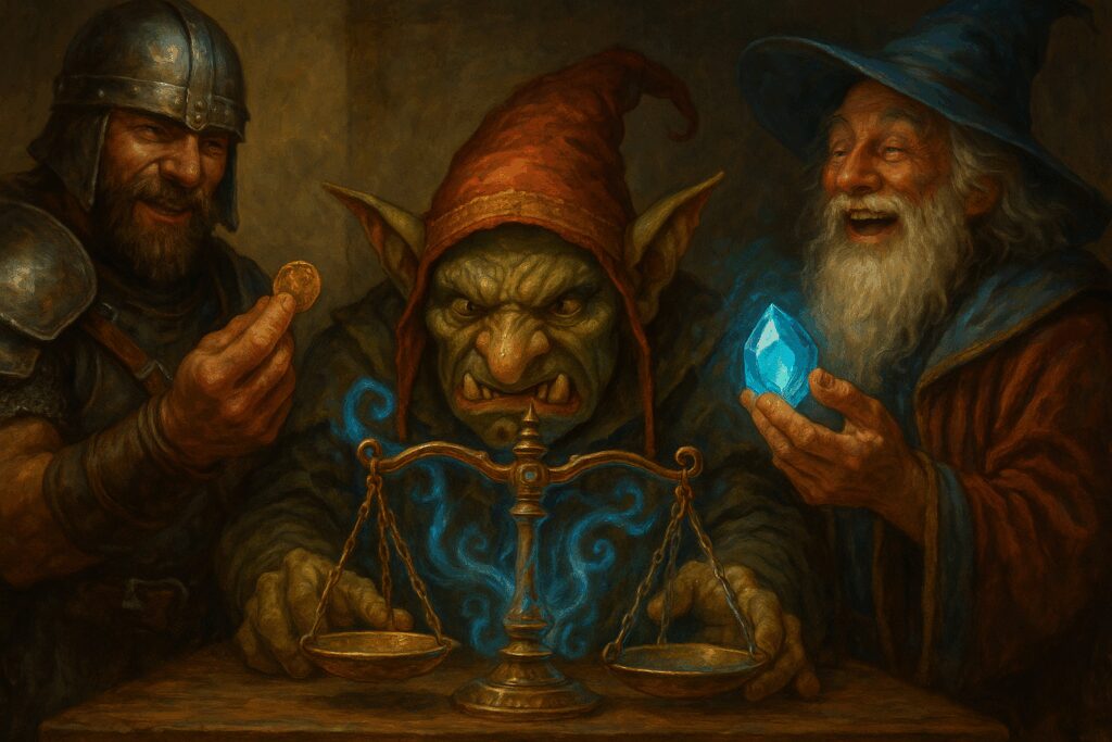 Un changeur gobelin grinçant les dents devant une balance magique