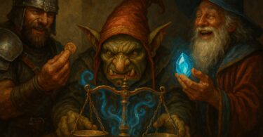 Un changeur gobelin grinçant les dents devant une balance magique