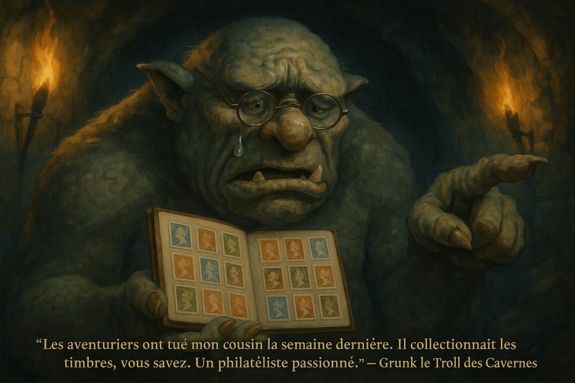 Grunk le Troll, Philatéliste en deuil What : Funny, melancholic depiction of Grunk, a huge cave troll sadly holding a tiny stamp collection. A tear rolling down his cheek as he gestures accusingly towards adventurers. Who : Grunk, large troll, surprisingly delicate, wearing reading glasses. Grunk le Troll, Philatéliste en deuil Représentation amusante et mélancolique de Grunk, un énorme troll des cavernes tenant tristement une minuscule collection de timbres. Une larme coule sur sa joue tandis qu'il fait un geste accusateur vers les aventuriers. Grunk, grand troll, étonnamment délicat, portant des lunettes de lecture. Chambre troglodyte humide éclairée par des torches. Contraste comique entre l'imposant troll et le délicat hobby, éclairage légèrement sombre pour accentuer l'humour.