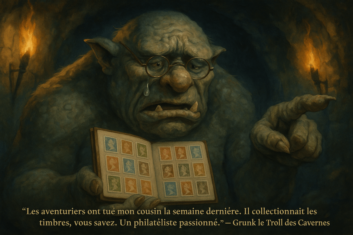 Humanisez Vos Donjons : Le Guide (presque) sérieux pour des antres qui ont (enfin) de la Personnalité ! 2 Grunk le Troll, Philatéliste en deuil What : Funny, melancholic depiction of Grunk, a huge cave troll sadly holding a tiny stamp collection. A tear rolling down his cheek as he gestures accusingly towards adventurers. Who : Grunk, large troll, surprisingly delicate, wearing reading glasses. Grunk le Troll, Philatéliste en deuil Représentation amusante et mélancolique de Grunk, un énorme troll des cavernes tenant tristement une minuscule collection de timbres. Une larme coule sur sa joue tandis qu'il fait un geste accusateur vers les aventuriers. Grunk, grand troll, étonnamment délicat, portant des lunettes de lecture. Chambre troglodyte humide éclairée par des torches. Contraste comique entre l'imposant troll et le délicat hobby, éclairage légèrement sombre pour accentuer l'humour.