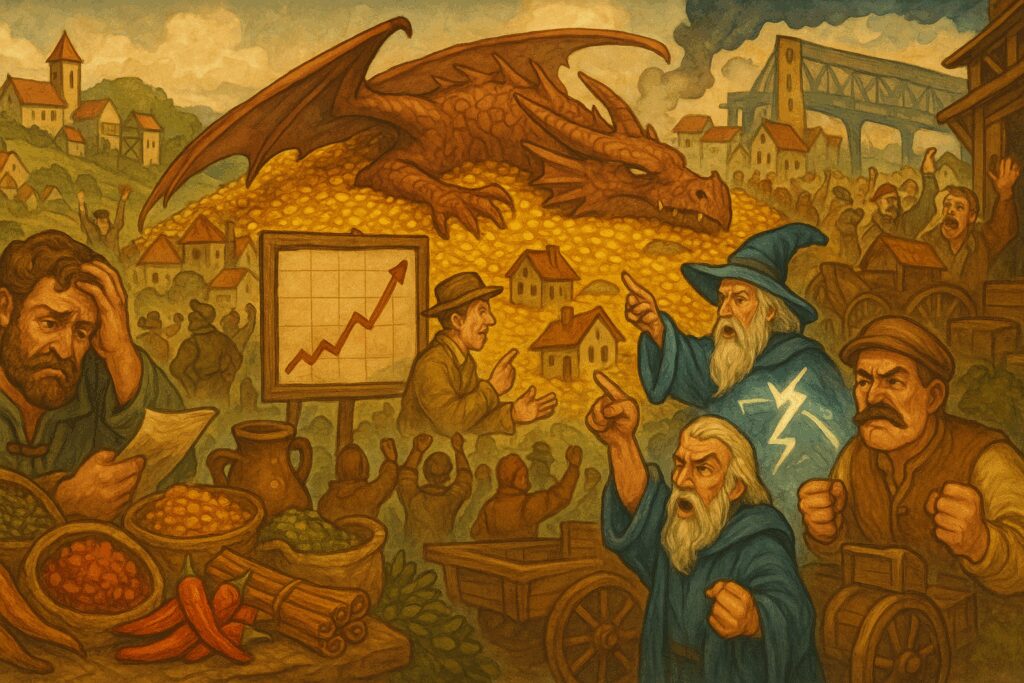 Illustrare facon dnd Le monde réagit. Tuer un dragon libère des tonnes d’or : inflation dans les villages voisins, valeurs immobilières qui explosent quand chacun veut sa parcelle près du trésor.