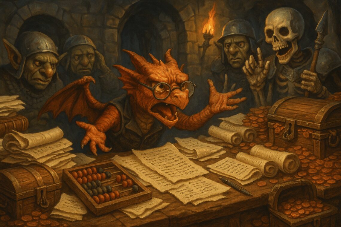 Un tres jeune dragon fais la comptabilité du donjon