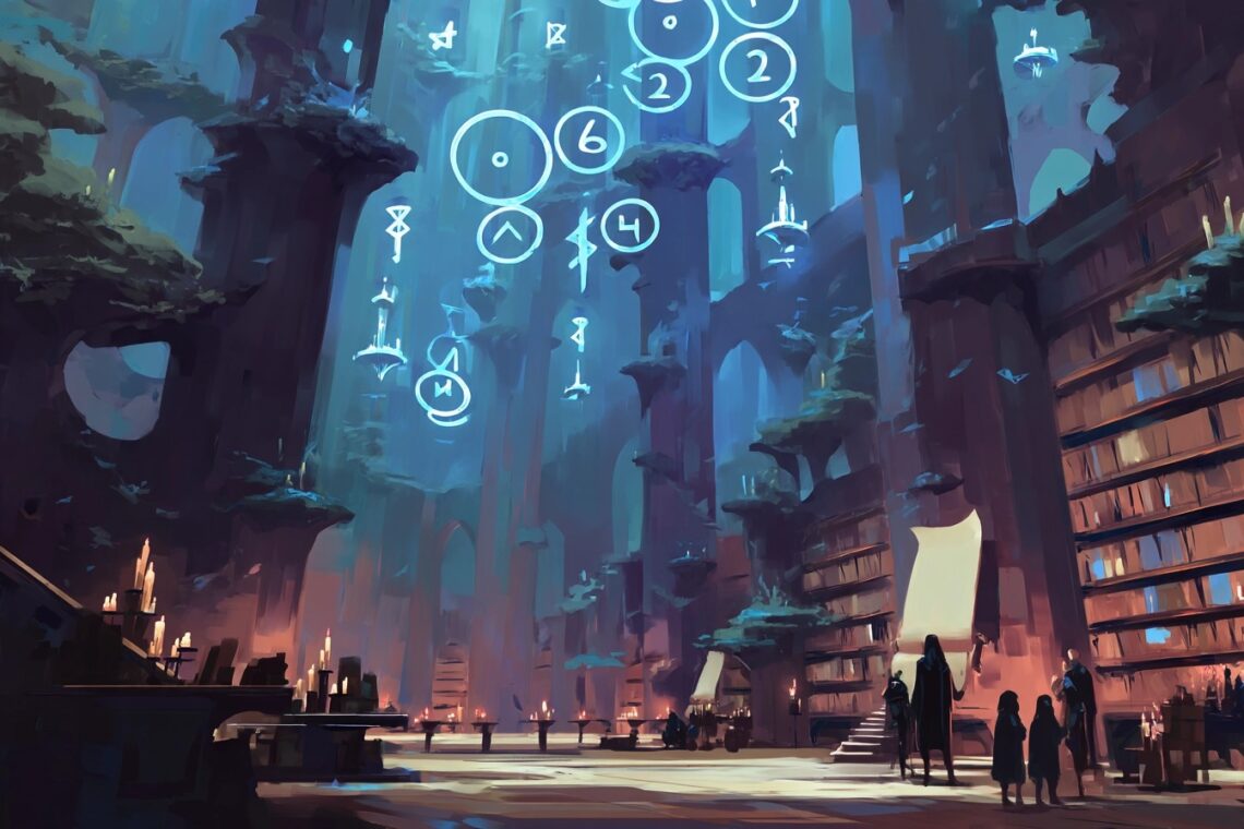 a medieval scriptorium where scribes and translators work at long wooden desks, lit by glowing lanterns and magical glyphs. Stacks of parchment are inscribed with French translations of the SRD