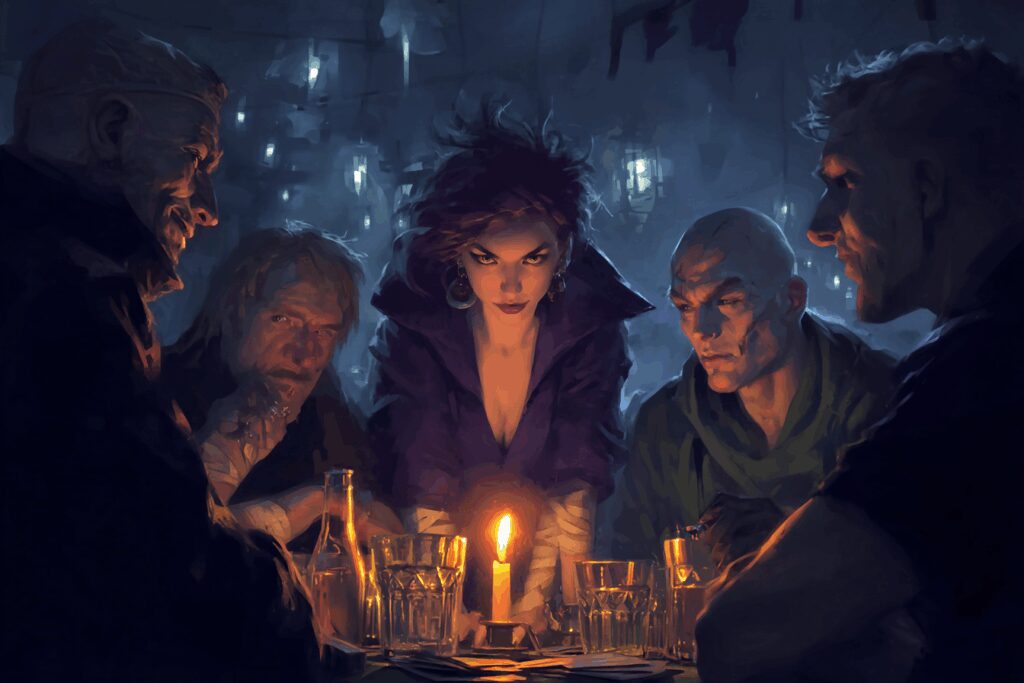 Un groupe de joueurs de JDR, autour d'une table simple, éclairée par une seule bougie ou une lampe modeste. Le Maître de Jeu décrit une scène intense, les mains en mouvement, et les joueurs ont les yeux rivés sur lui, complètement immergés dans l'histoire. Une feuille de personnage gribouillée et quelques dés sont les seuls accessoires visibles, suggérant que l'imagination et la narration sont les véritables moteurs de l'aventure