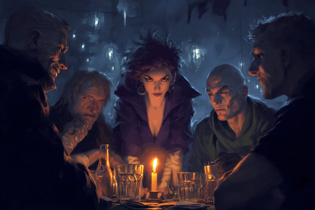 MJ Radin : Le Guide Ultime pour Masteriser du JDR en mode Gratos ! 10 Un groupe de joueurs de JDR, autour d'une table simple, éclairée par une seule bougie ou une lampe modeste. Le Maître de Jeu décrit une scène intense, les mains en mouvement, et les joueurs ont les yeux rivés sur lui, complètement immergés dans l'histoire. Une feuille de personnage gribouillée et quelques dés sont les seuls accessoires visibles, suggérant que l'imagination et la narration sont les véritables moteurs de l'aventure