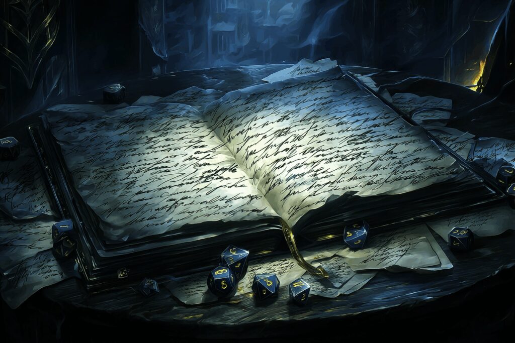 Feuille de personnage partiellement remplie avec un crayon et des feuilles vierges.