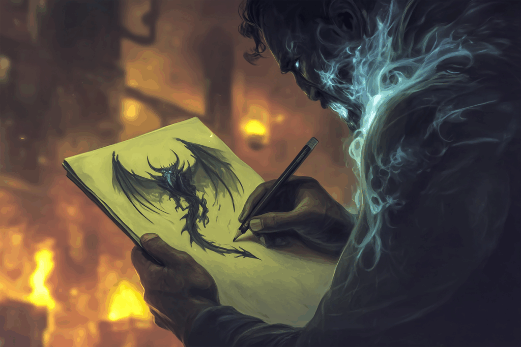 Une main tenant un simple crayon, dont l'ombre projetée sur une feuille de papier vierge se transforme en un dragon majestueux s'envolant vers un château fantastique