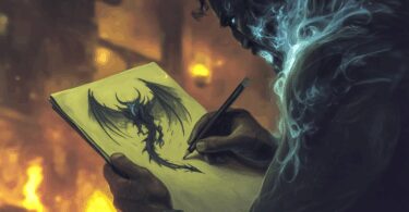 Une main tenant un simple crayon, dont l'ombre projetée sur une feuille de papier vierge se transforme en un dragon majestueux s'envolant vers un château fantastique