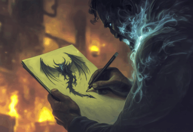 Une main tenant un simple crayon, dont l'ombre projetée sur une feuille de papier vierge se transforme en un dragon majestueux s'envolant vers un château fantastique