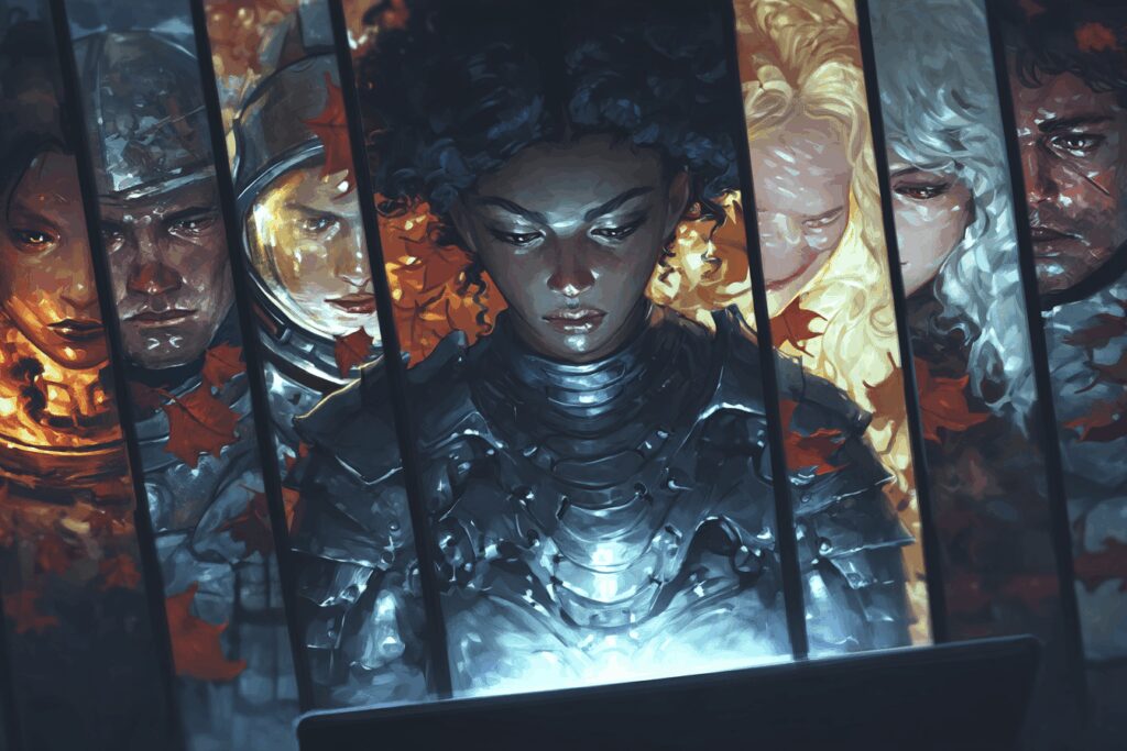 Mosaïque de personnages JDR sortant d'un ordinateur portable.