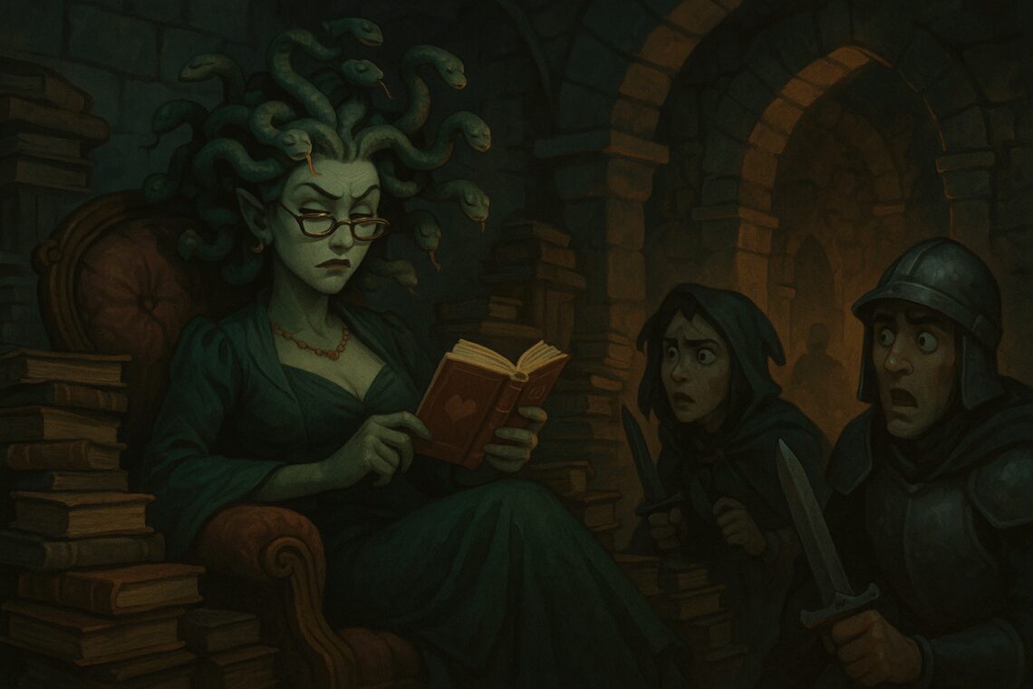 illustration style dnd Vexxis, Méduse bibliothécaire et auteure à ses heures perdues.