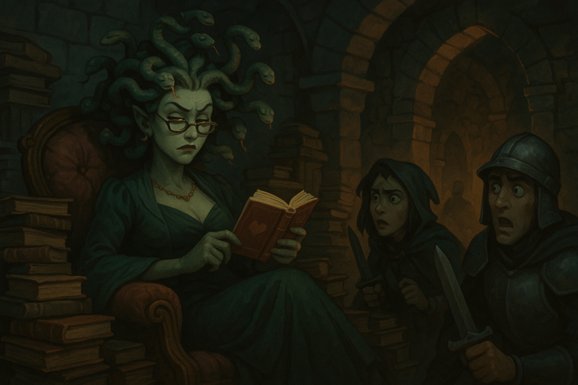 Humanisez Vos Donjons : Le Guide (presque) sérieux pour des antres qui ont (enfin) de la Personnalité ! 3 illustration style dnd Vexxis, Méduse bibliothécaire et auteure à ses heures perdues.
