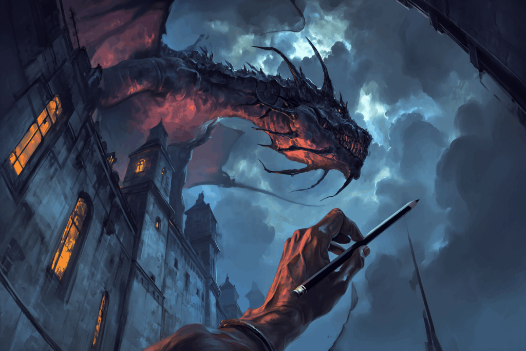 MJ Radin : Le Guide Ultime pour Masteriser du JDR en mode Gratos ! 2 Une main tenant un crayon dont l'ombre devient un dragon.