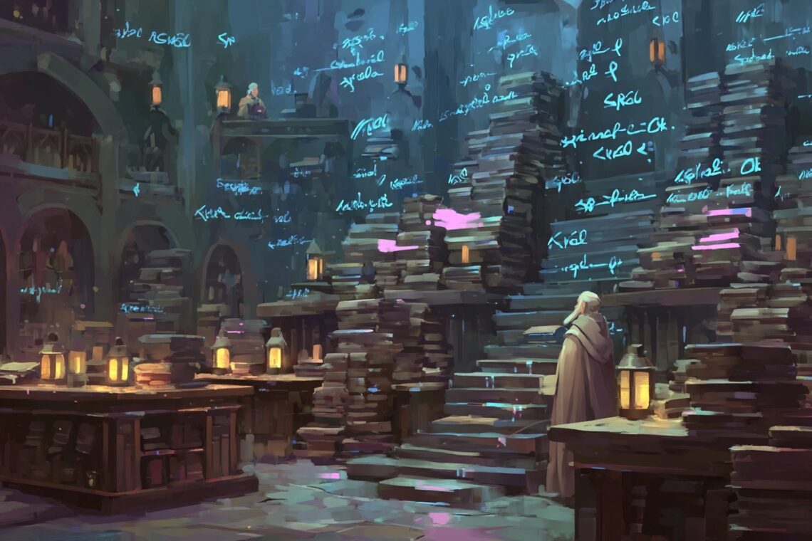 Daggerheart : Le Nouveau JDR de Critical Role qui secoue la scène Roliste – Analyse Complète 3 candlelit library filled with magical tomes and scrolls, each glowing with otherworldly energy.