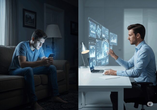 Illustration stylisée d'une personne affalée sur un canapé, hypnotisée par son téléphone, juxtaposée à une autre personne assise à un bureau, interagissant avec une interface holographique futuriste.