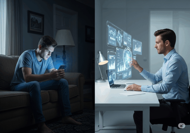Doom Scrolling vs Génération Prométhée : La fin du spectateur passif ? 2 Illustration stylisée d'une personne affalée sur un canapé, hypnotisée par son téléphone, juxtaposée à une autre personne assise à un bureau, interagissant avec une interface holographique futuriste.